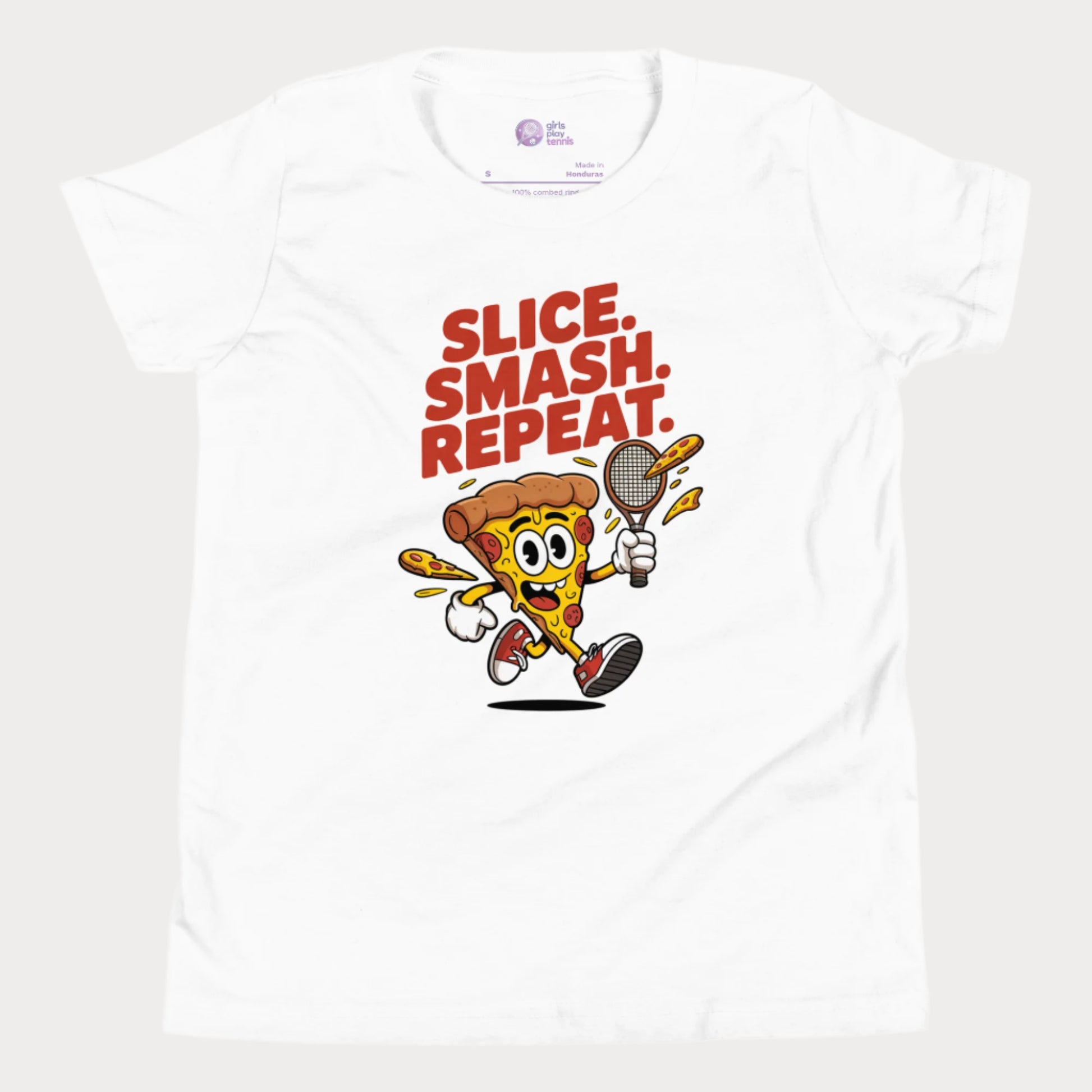 Cartoon pizza slice holding a tennis racket with the words "Slice. Smash. Repeat." on a white kids’ tennis t-shirt.