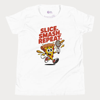 Cartoon pizza slice holding a tennis racket with the words "Slice. Smash. Repeat." on a white kids’ tennis t-shirt.