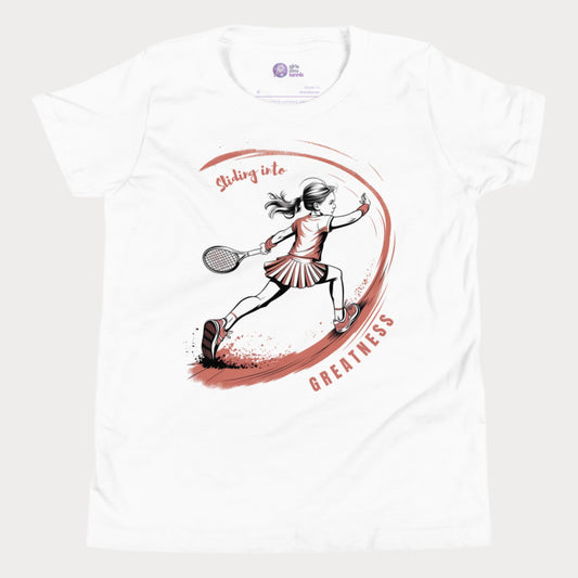 White tennis T-shirt featuring an illustrated girl sliding on a clay court, with the phrase "Sliding into Greatness." Designed for young tennis players who love the art of movement on clay.