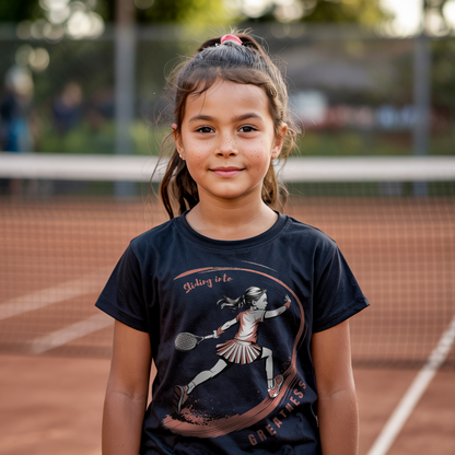 Young girl on a clay tennis court wearing a black t-shirt featuring an illustrated girl sliding on clay while performing a tennis swing. Slogan is Sliding into Greatness.