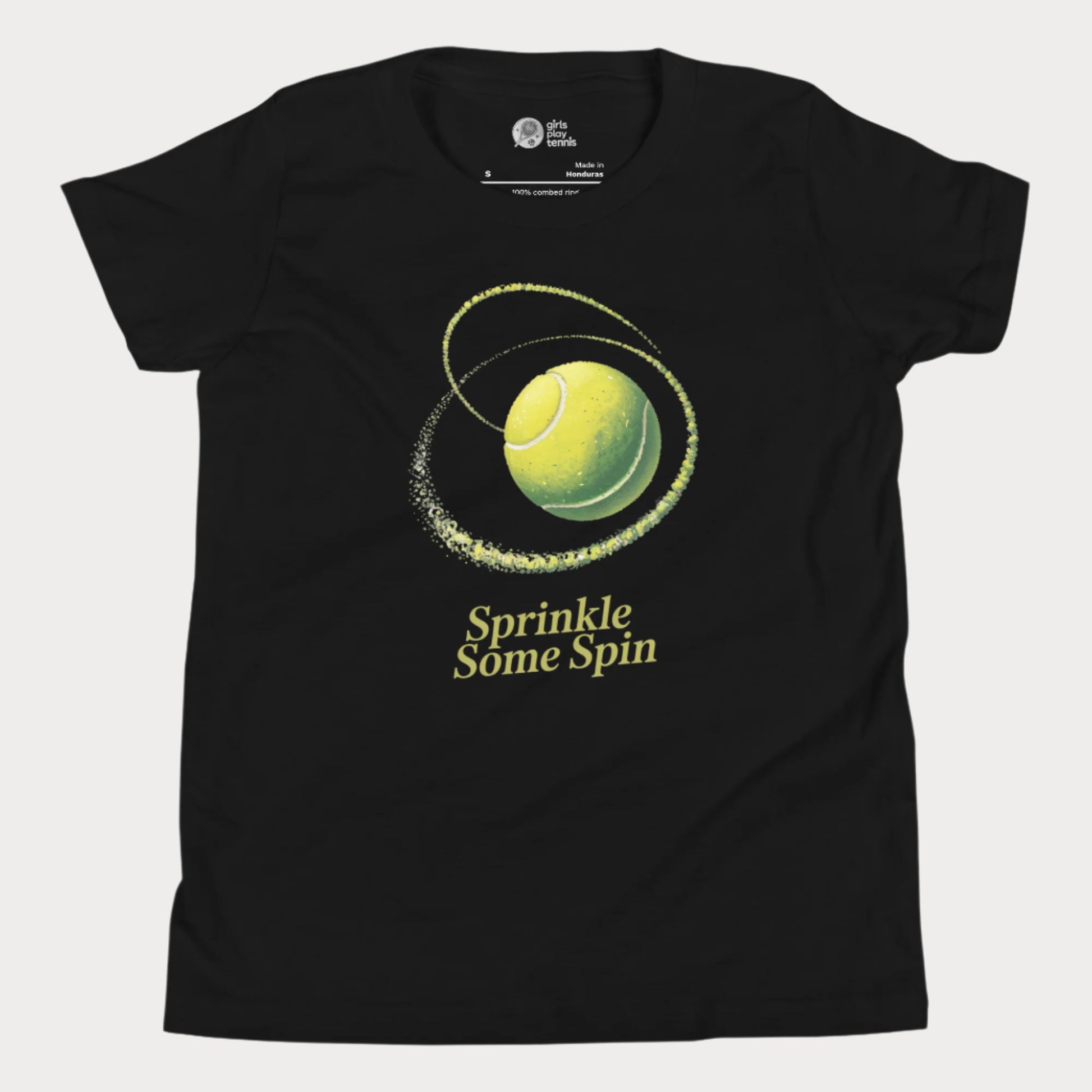 Black girls tennis t-shirt with a spinning yellow tennis ball and the phrase “Sprinkle Some Spin” in bold yellow text