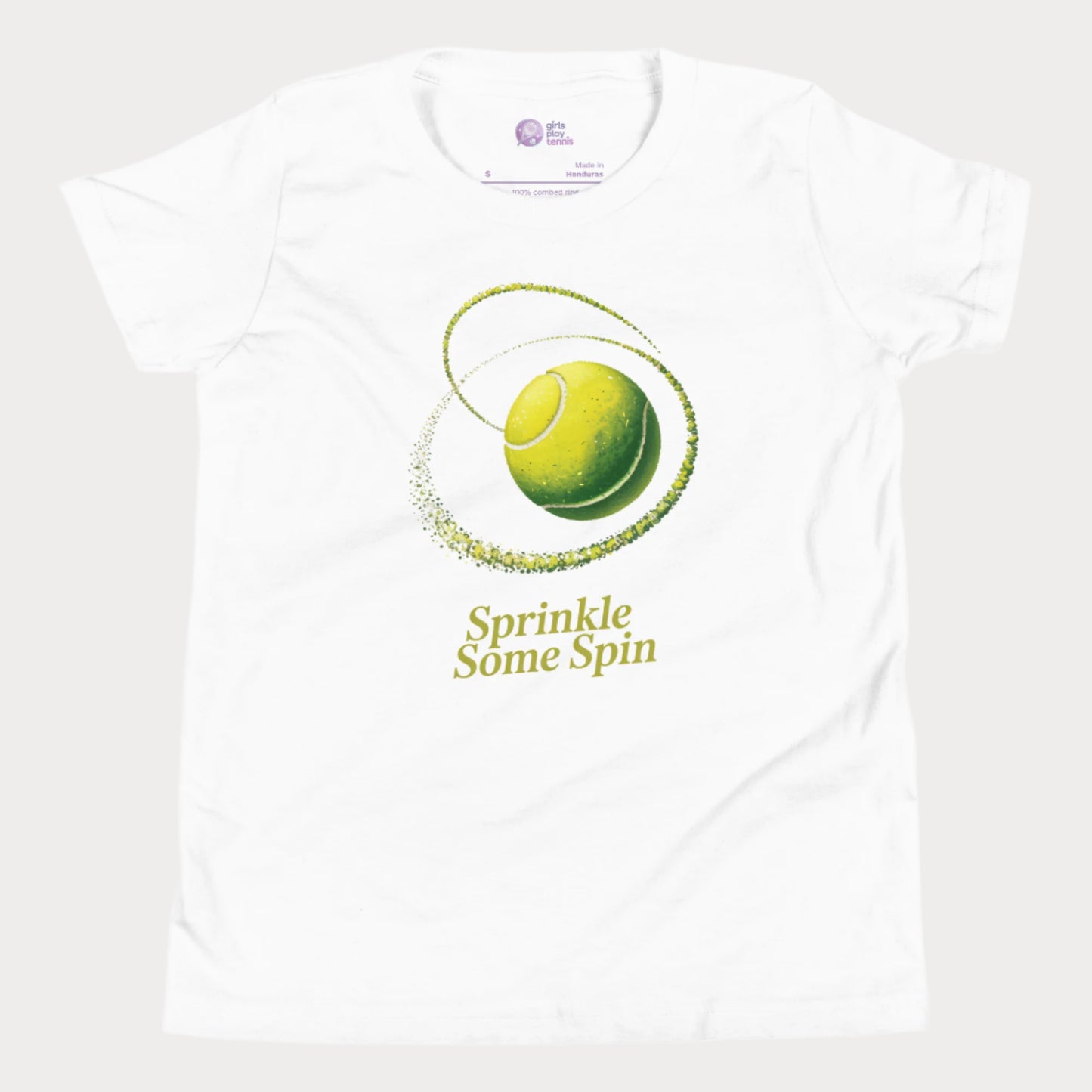 White girls tennis t-shirt with a spinning yellow tennis ball and the phrase “Sprinkle Some Spin” in bold yellow text