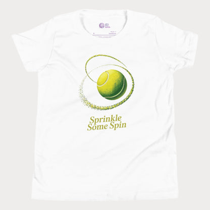 White girls tennis t-shirt with a spinning yellow tennis ball and the phrase “Sprinkle Some Spin” in bold yellow text