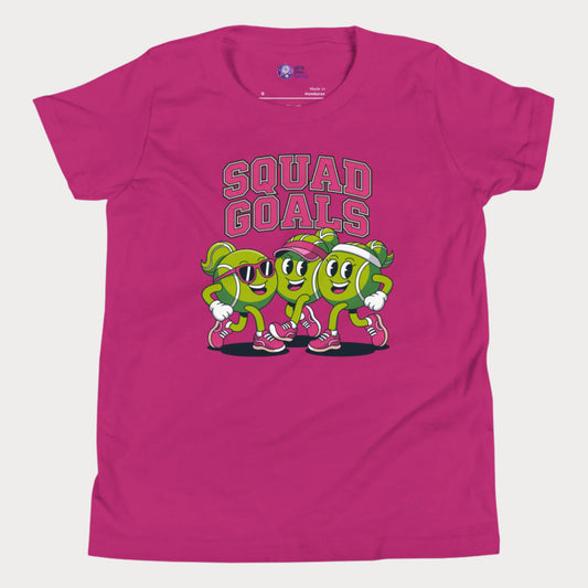 Cartoon tennis ball characters on a girls t-shirt with the phrase "Squad Goals"