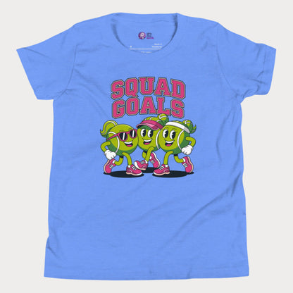 Cartoon tennis ball characters on a girls t-shirt with the phrase "Squad Goals"