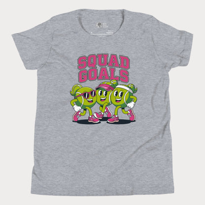 Cartoon tennis ball characters on a girls t-shirt with the phrase "Squad Goals"