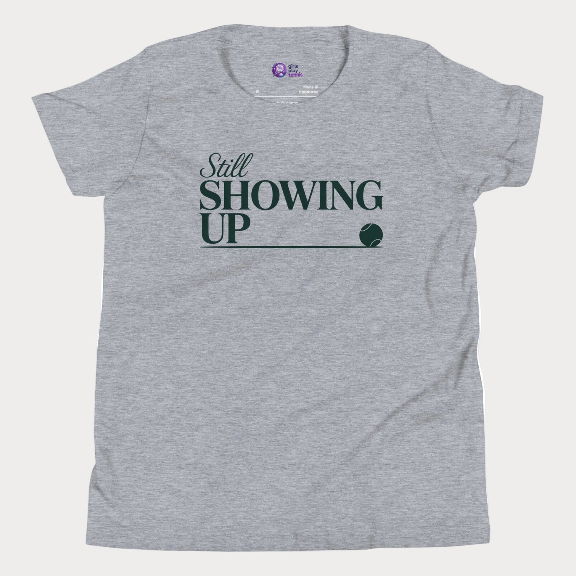 Still Showing Up tennis t-shirt in athletic grey with white typography and tennis graphic for girls and women