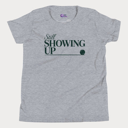 Still Showing Up tennis t-shirt in athletic grey with white typography and tennis graphic for girls and women