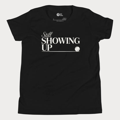 Still Showing Up tennis t-shirt in black with white typography and tennis graphic for girls and women