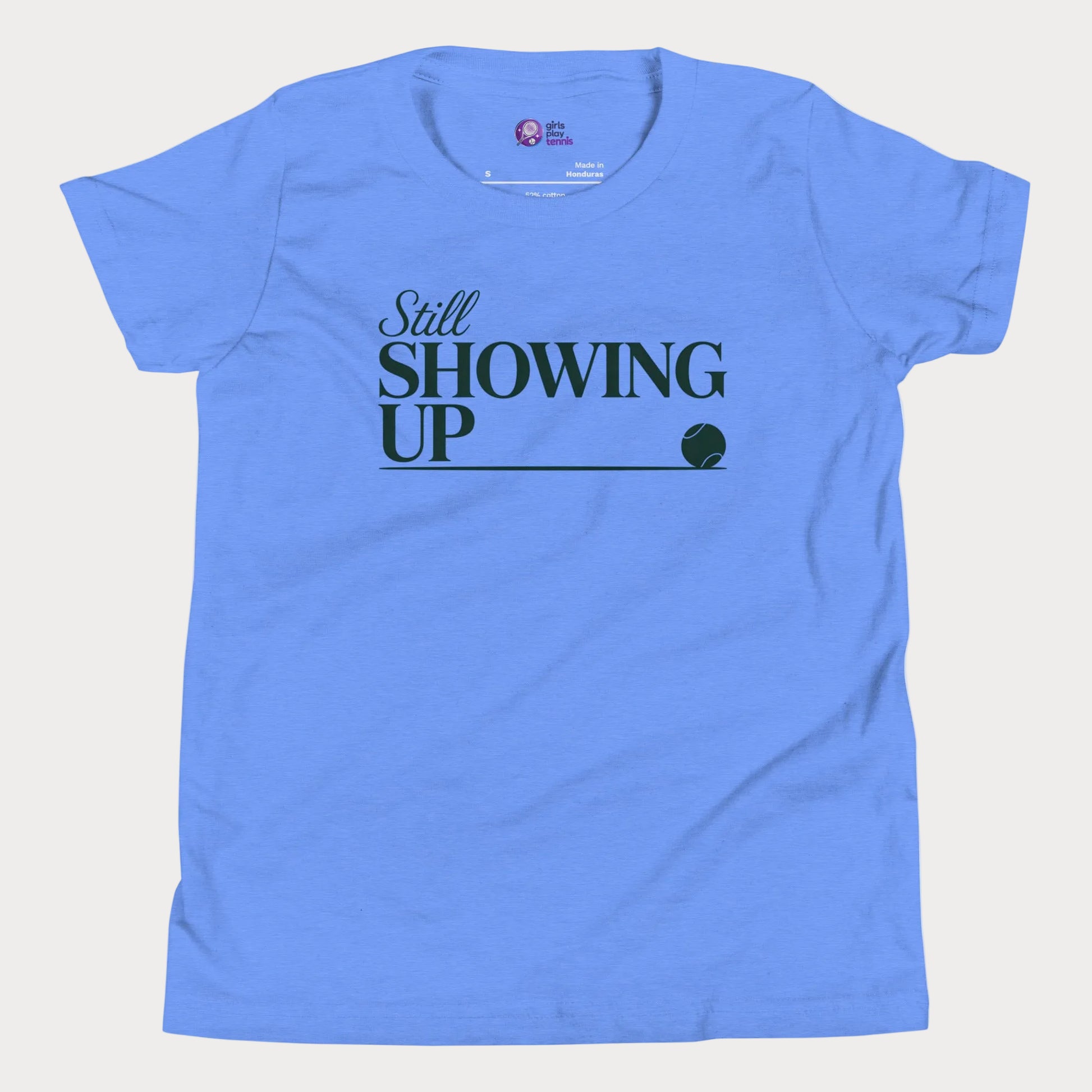 Still Showing Up tennis t-shirt in blue with white typography and tennis graphic for girls and women