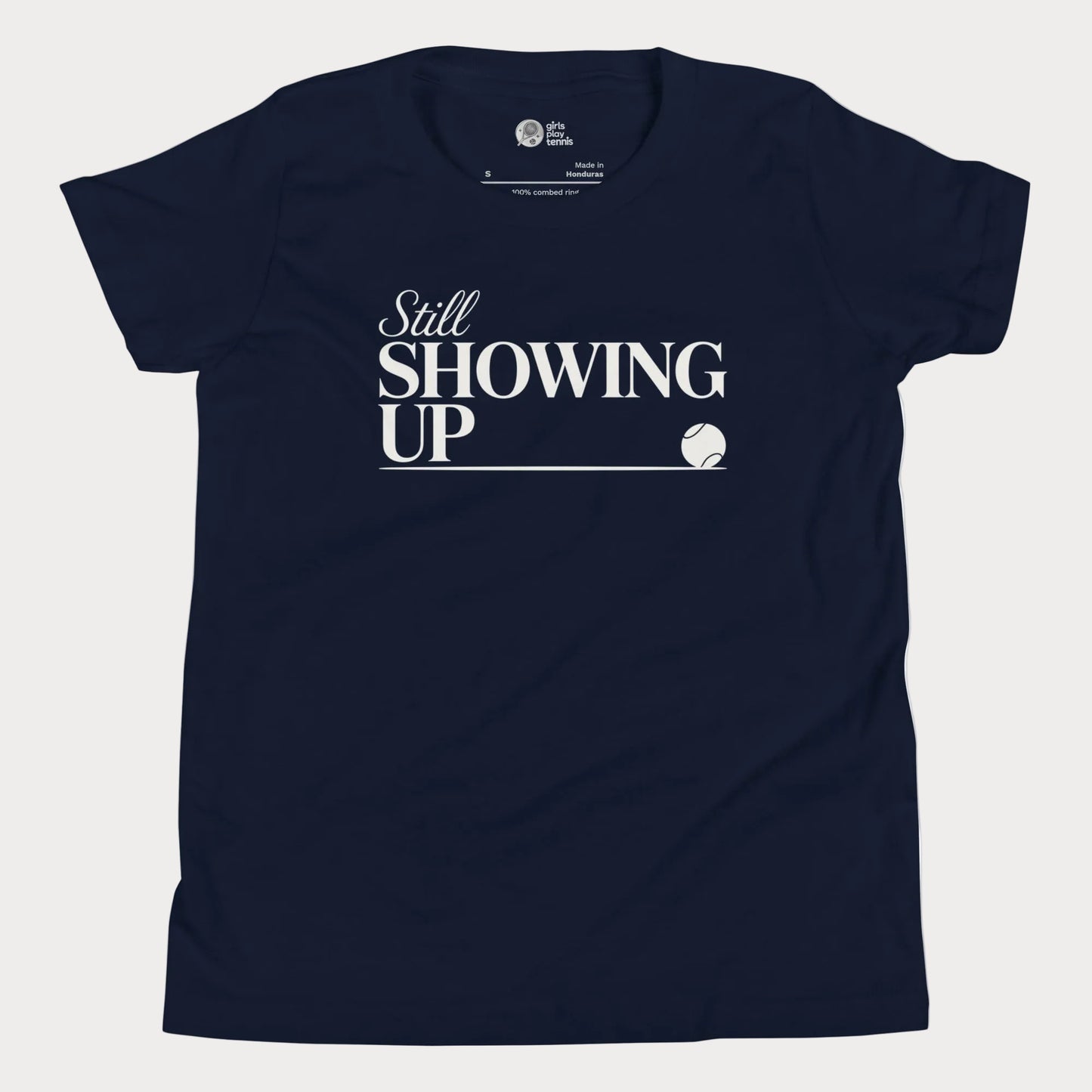 Still Showing Up tennis t-shirt in navy with white typography and tennis graphic for girls and women