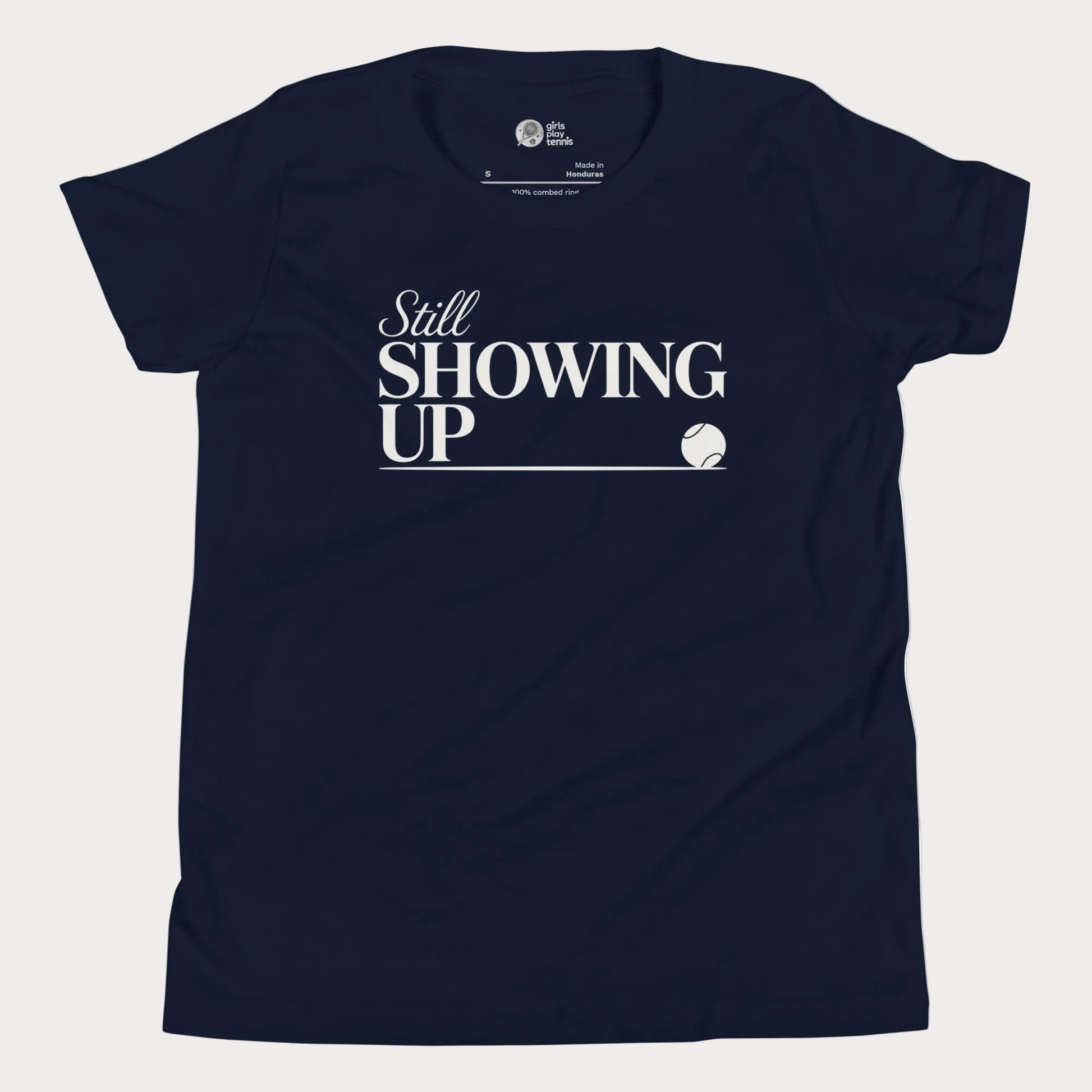 Still Showing Up tennis t-shirt in navy with white typography and tennis graphic for girls and women