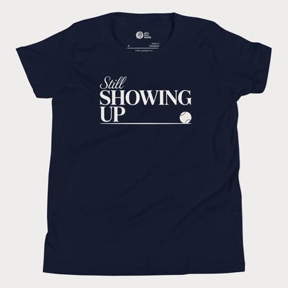 Still Showing Up tennis t-shirt in navy with white typography and tennis graphic for girls and women