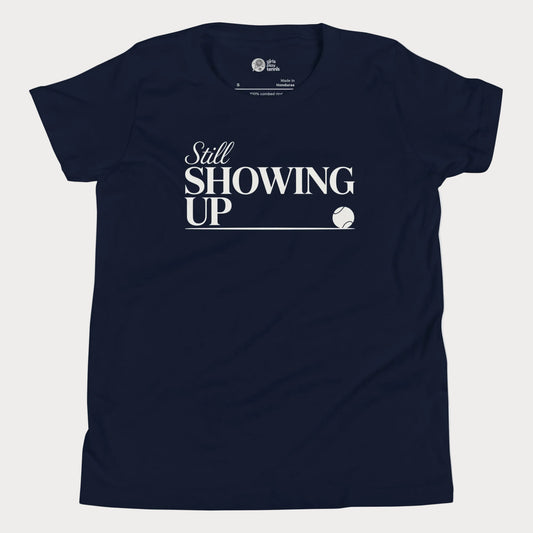 Still Showing Up tennis t-shirt in navy with white typography and tennis graphic for girls and women