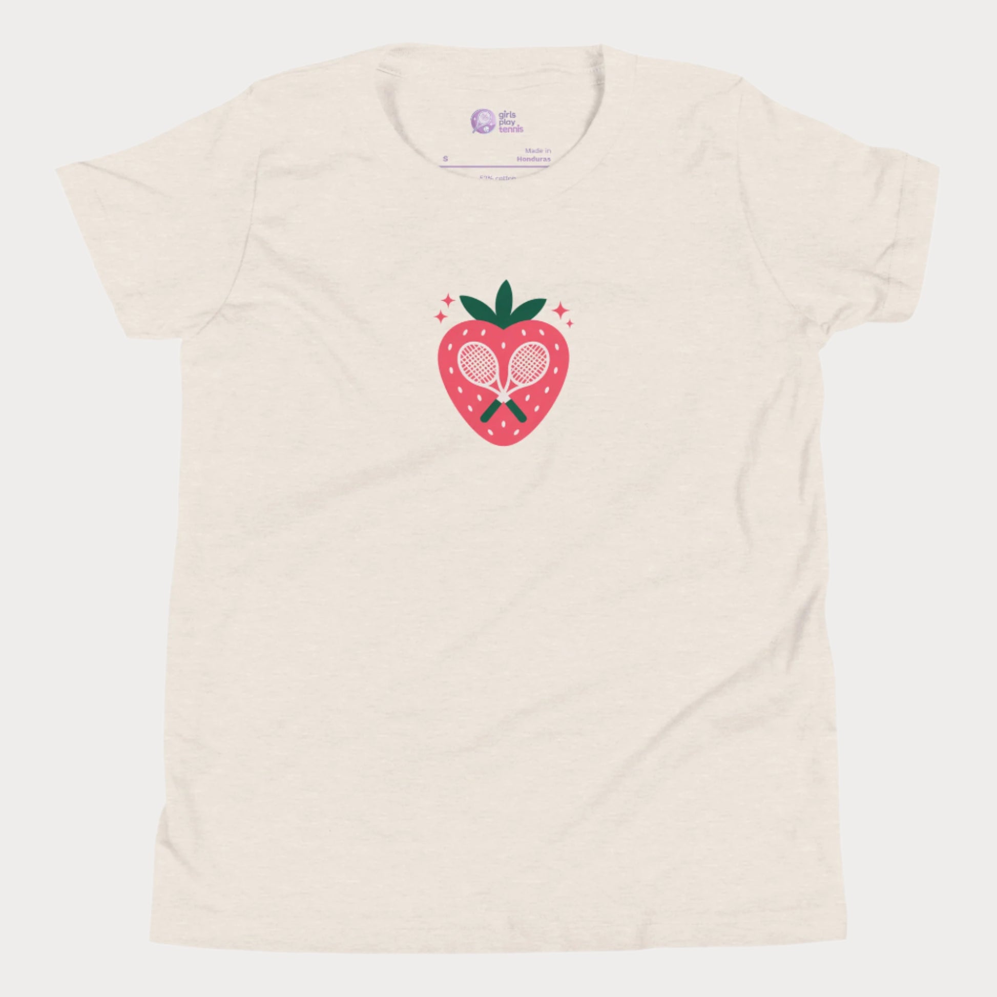 Strawberry tennis graphic girls t-shirt with crossed racquet design.