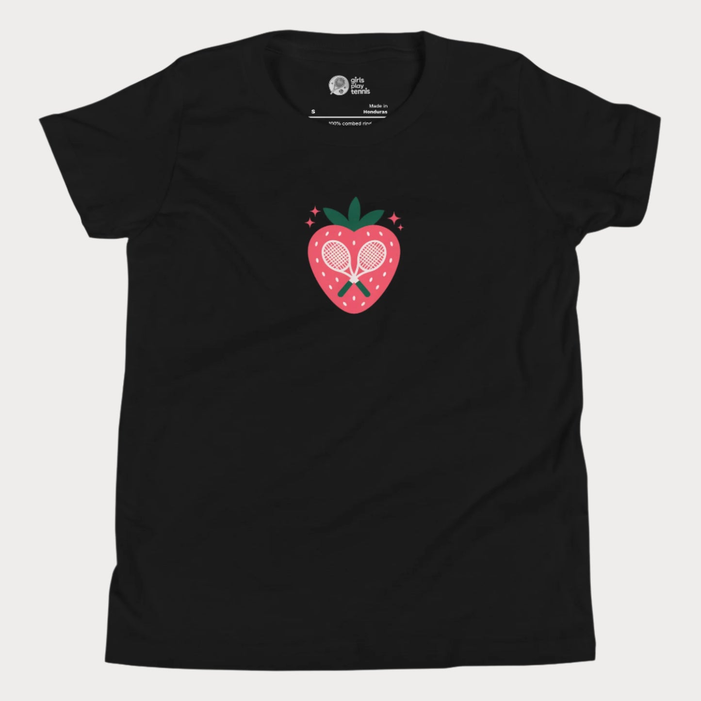 Strawberry tennis graphic girls t-shirt with crossed racquet design.