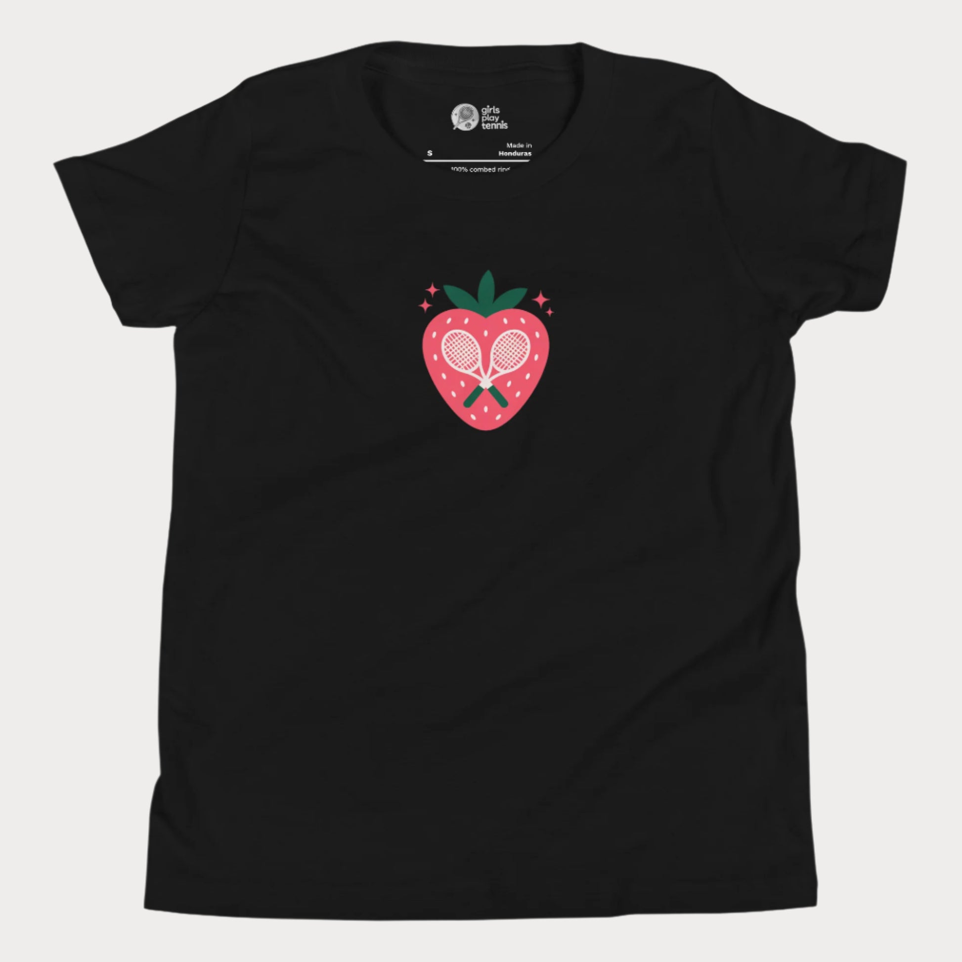 Strawberry tennis graphic girls t-shirt with crossed racquet design.