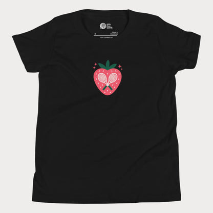Strawberry tennis graphic girls t-shirt with crossed racquet design.