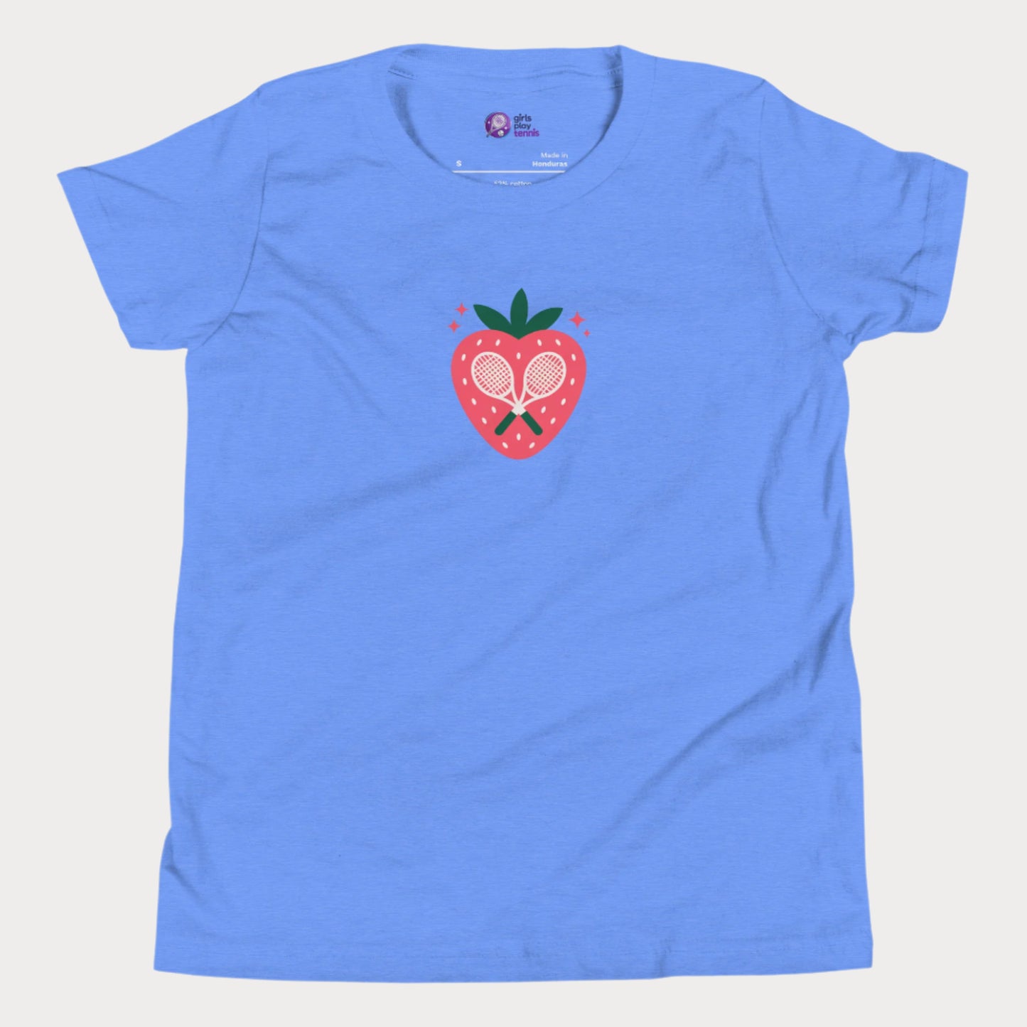 Strawberry tennis graphic girls t-shirt with crossed racquet design.