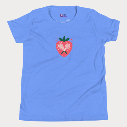 Strawberry tennis graphic girls t-shirt with crossed racquet design.