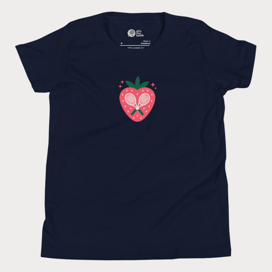 Strawberry tennis graphic girls t-shirt with crossed racquet design.
