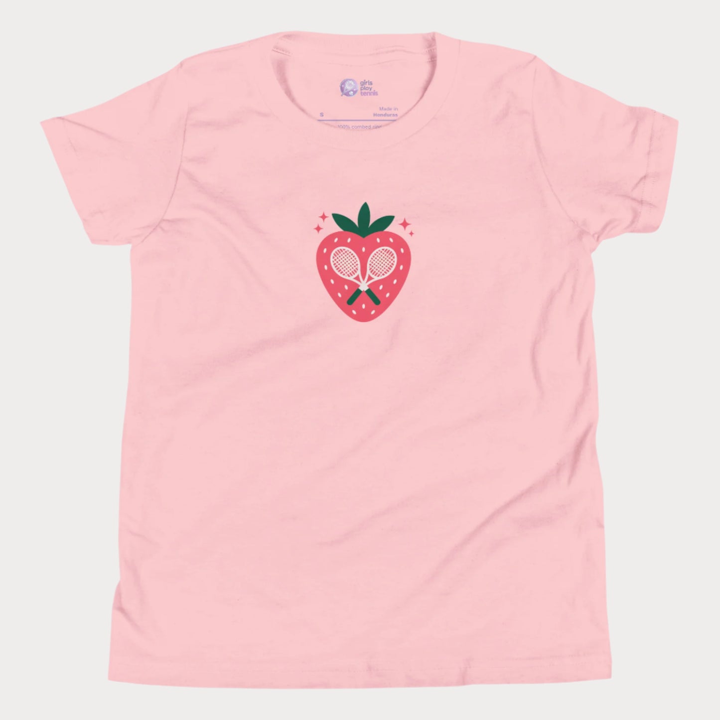 Strawberry tennis graphic girls t-shirt with crossed racquet design.