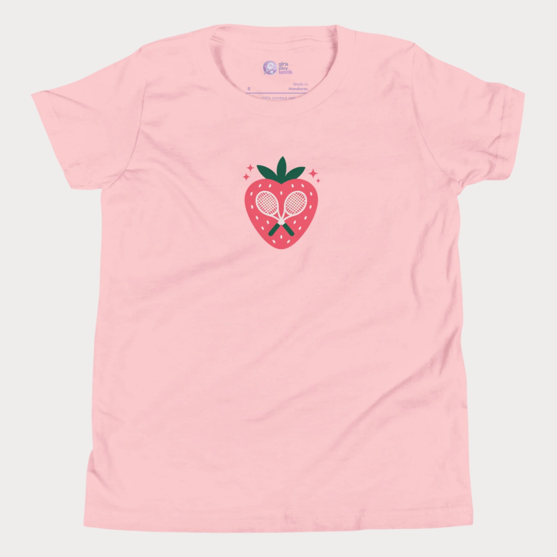 Strawberry tennis graphic girls t-shirt with crossed racquet design.