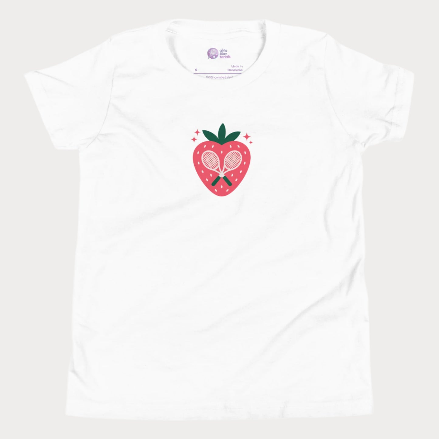 Strawberry tennis graphic girls t-shirt with crossed racquet design.