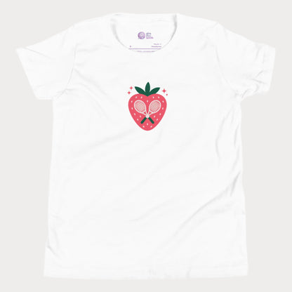 Strawberry tennis graphic girls t-shirt with crossed racquet design.