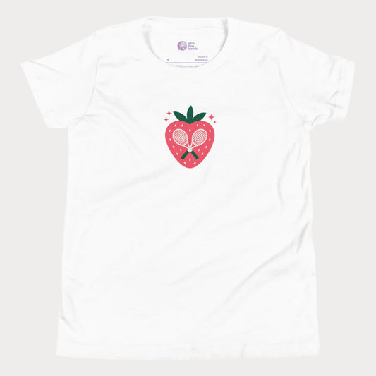 Strawberry tennis graphic girls t-shirt with crossed racquet design.