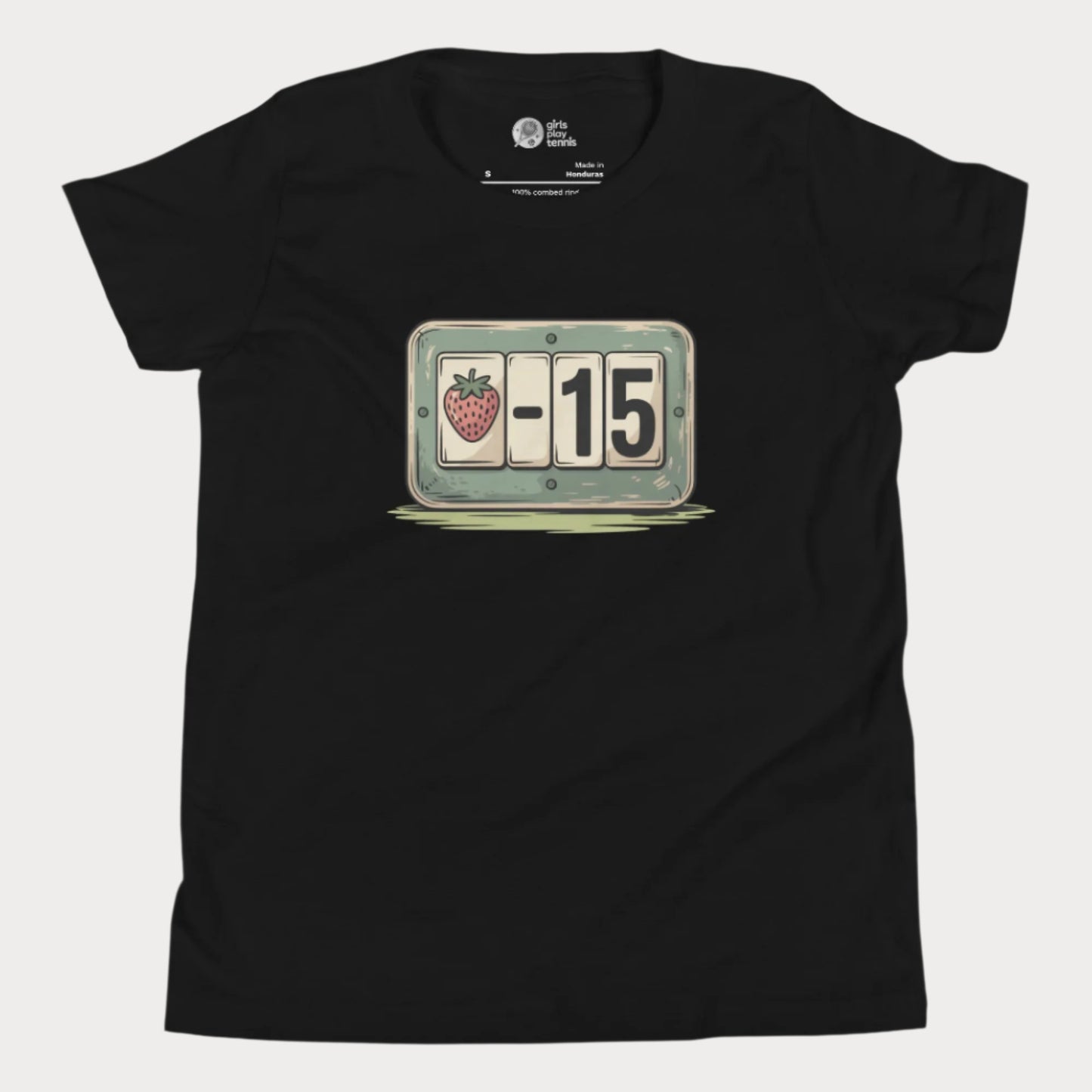 Girls’ black t-shirt with strawberry tennis scoreboard design showing “-15”