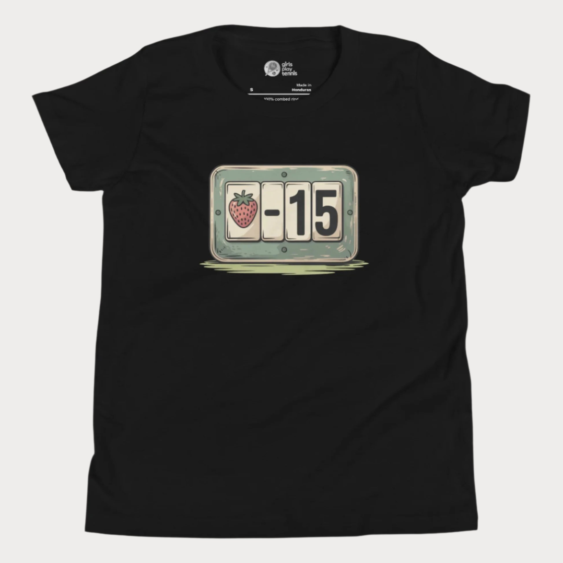 Girls’ black t-shirt with strawberry tennis scoreboard design showing “-15”