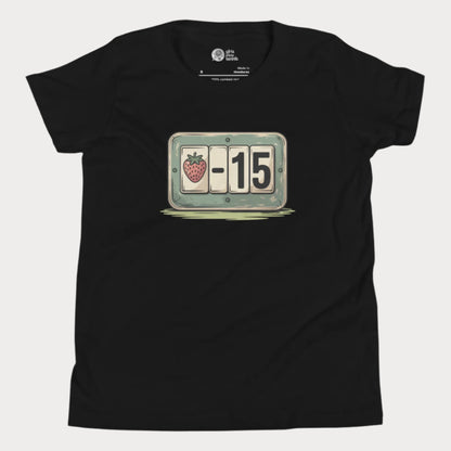 Girls’ black t-shirt with strawberry tennis scoreboard design showing “-15”