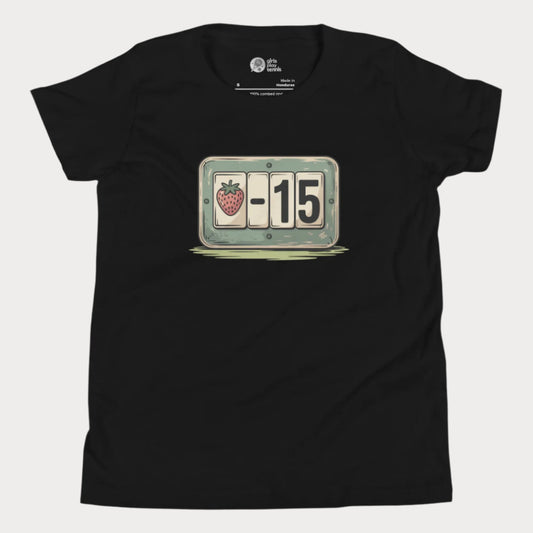 Girls’ black t-shirt with strawberry tennis scoreboard design showing “-15”