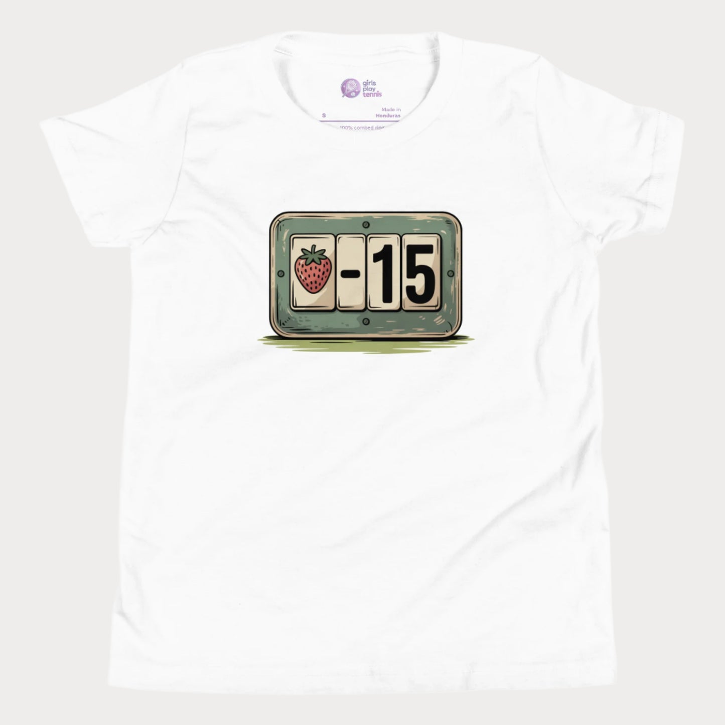 Girls’ white t-shirt with strawberry tennis scoreboard design showing “-15”