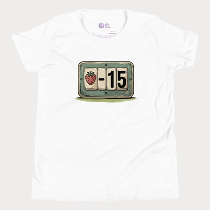 Girls’ white t-shirt with strawberry tennis scoreboard design showing “-15”