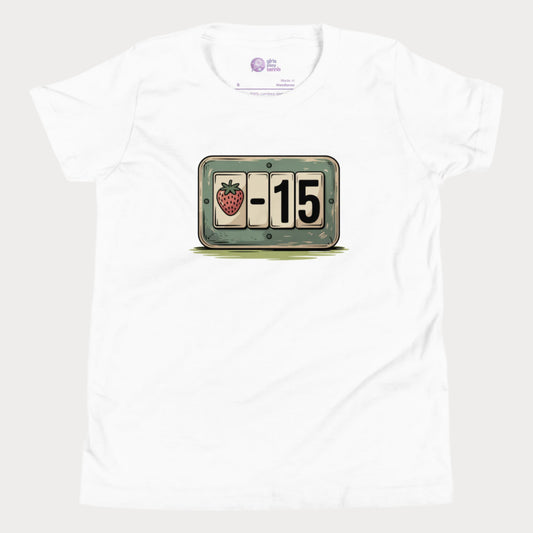 Girls’ white t-shirt with strawberry tennis scoreboard design showing “-15”