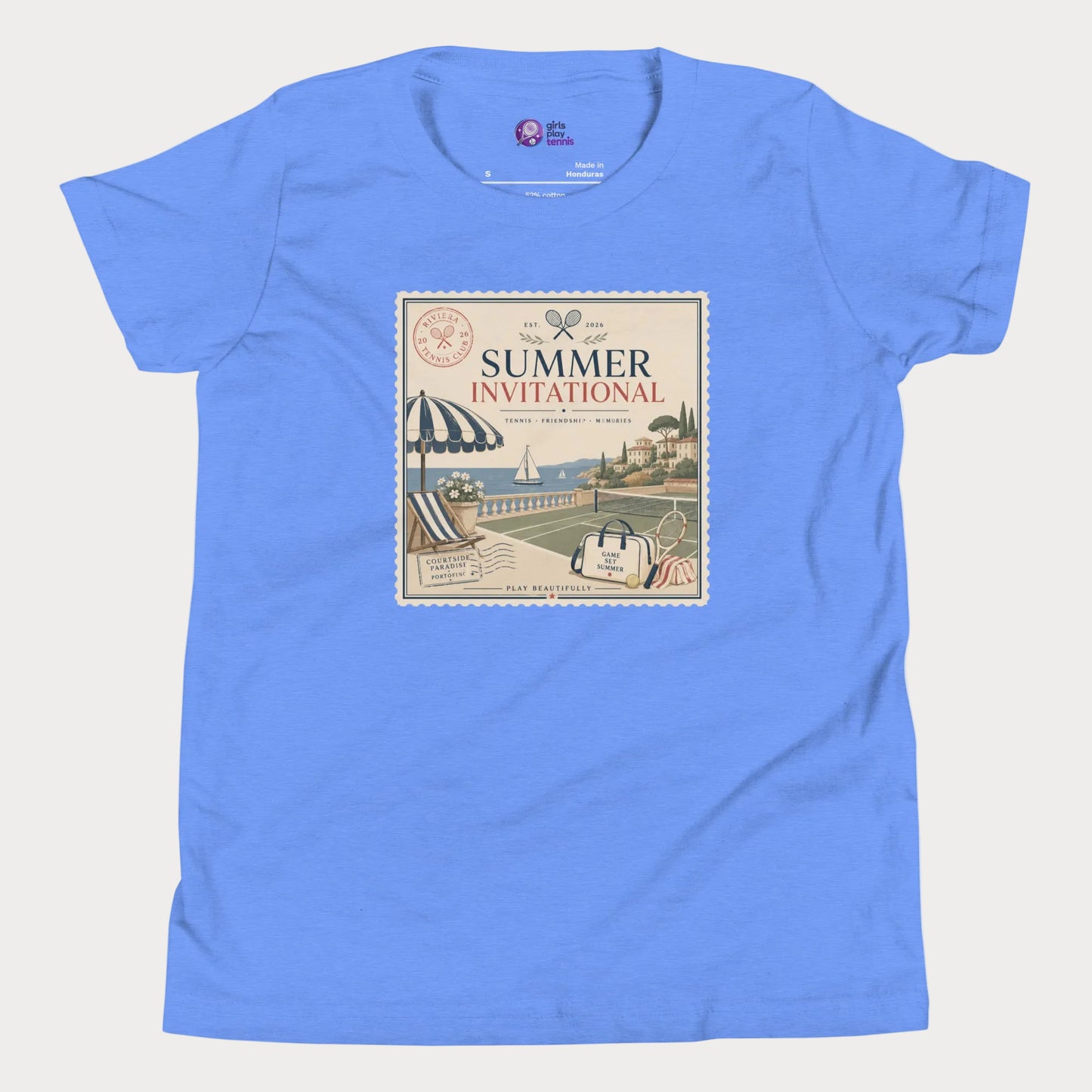 Blue girls tennis t-shirt featuring vintage-inspired Summer Invitational artwork with coastal tennis club and resort summer aesthetic.