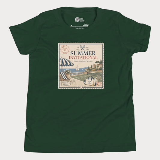 Forest green girls tennis t-shirt featuring vintage-inspired Summer Invitational artwork with coastal tennis club and resort summer aesthetic.