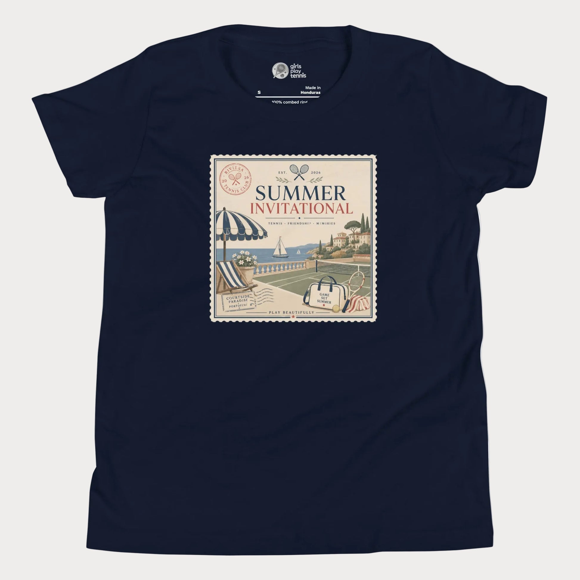 Navy girls tennis t-shirt featuring vintage-inspired Summer Invitational artwork with coastal tennis club and resort summer aesthetic.