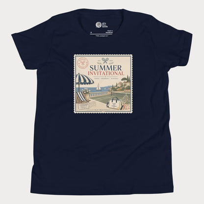 Navy girls tennis t-shirt featuring vintage-inspired Summer Invitational artwork with coastal tennis club and resort summer aesthetic.