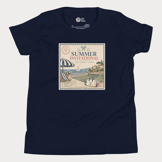 Navy girls tennis t-shirt featuring vintage-inspired Summer Invitational artwork with coastal tennis club and resort summer aesthetic.