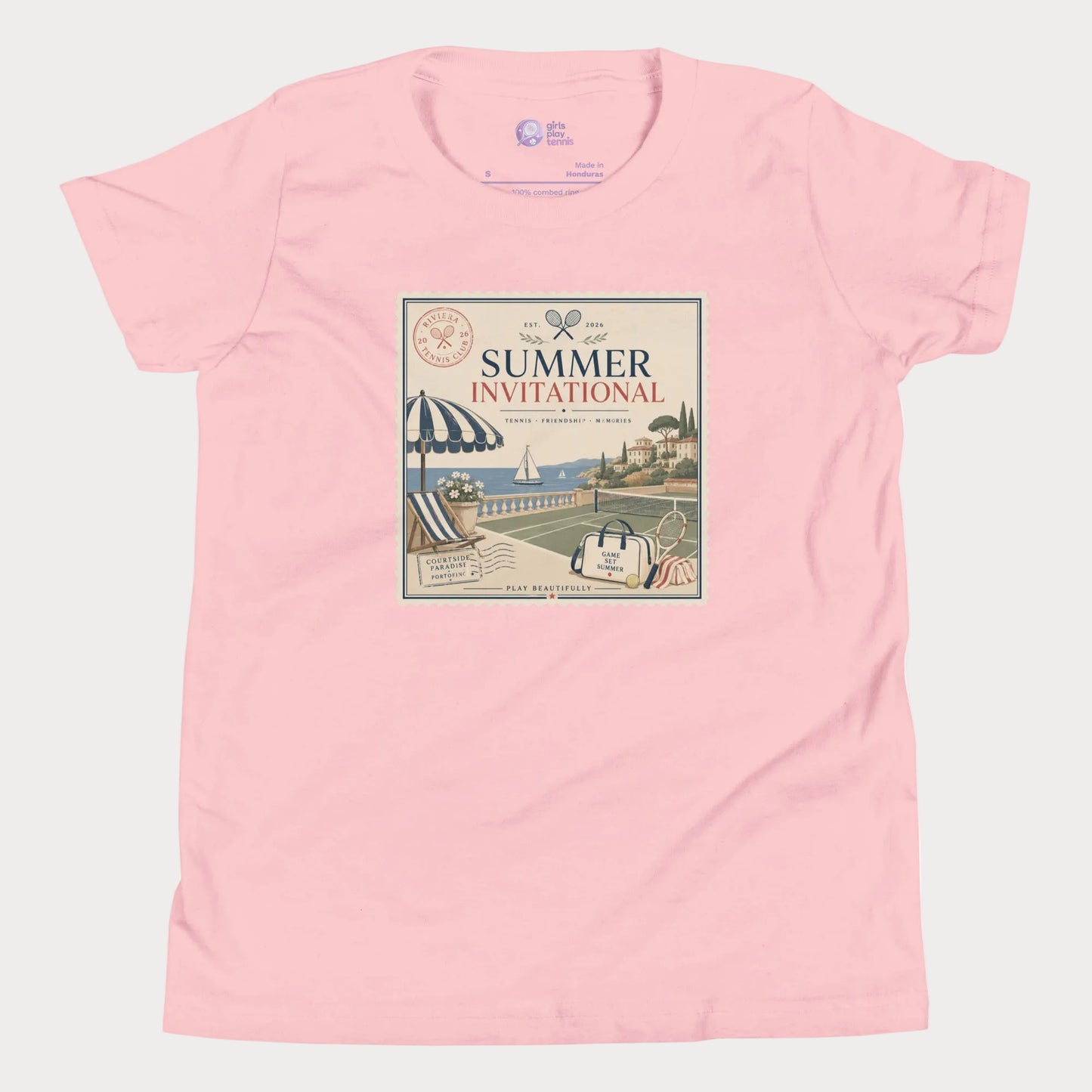 Pink girls tennis t-shirt featuring vintage-inspired Summer Invitational artwork with coastal tennis club and resort summer aesthetic.