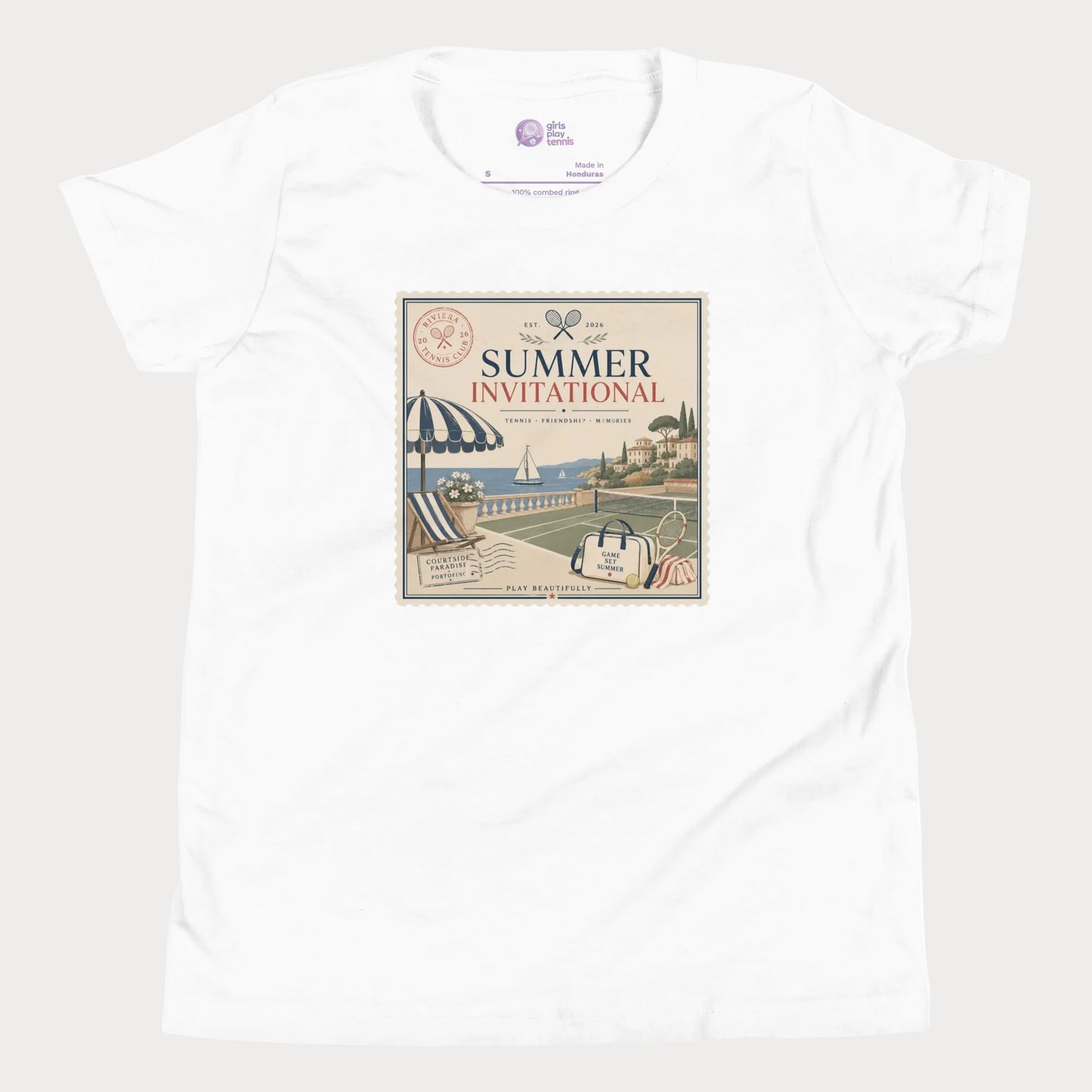 White girls tennis t-shirt featuring vintage-inspired Summer Invitational artwork with coastal tennis club and resort summer aesthetic.