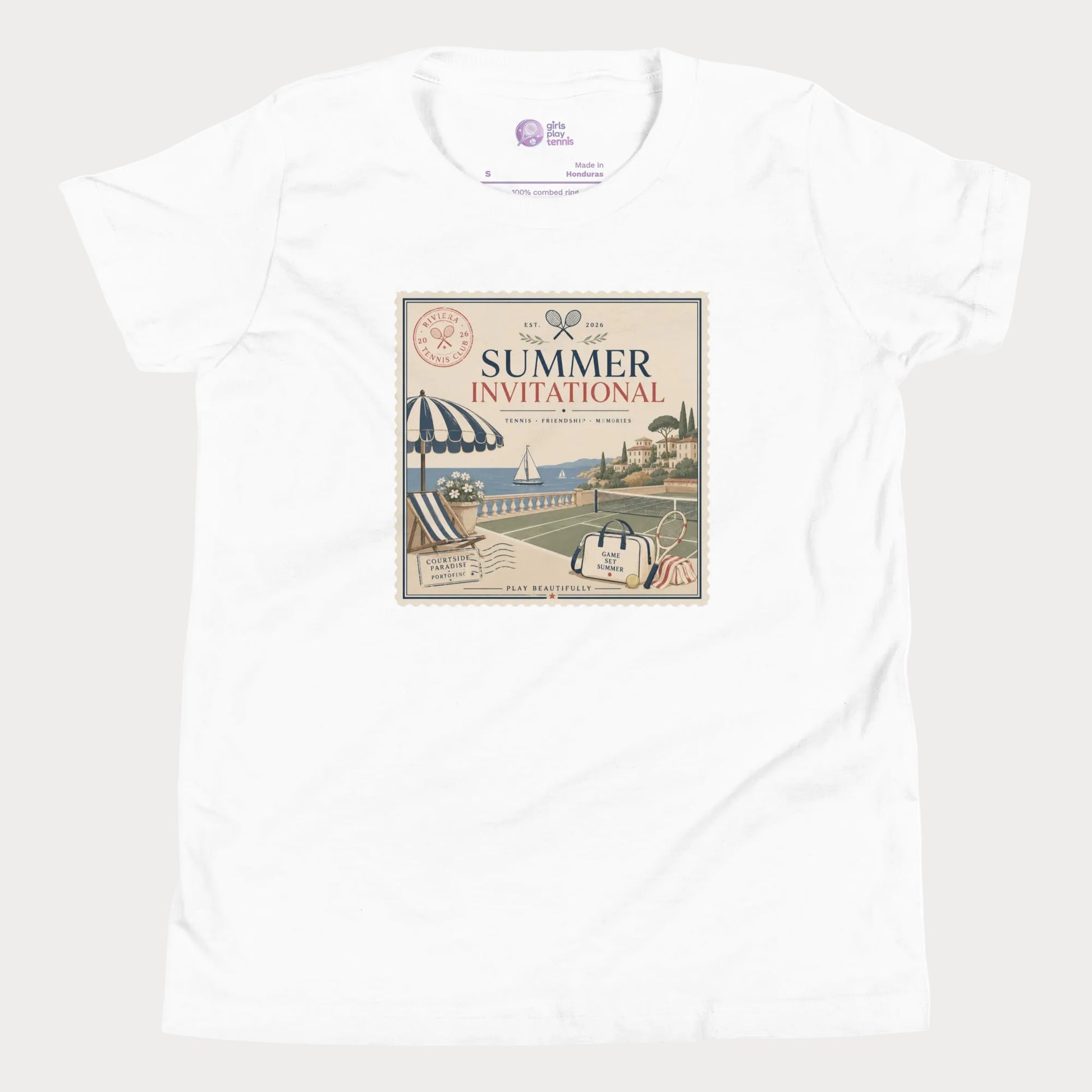 White girls tennis t-shirt featuring vintage-inspired Summer Invitational artwork with coastal tennis club and resort summer aesthetic.