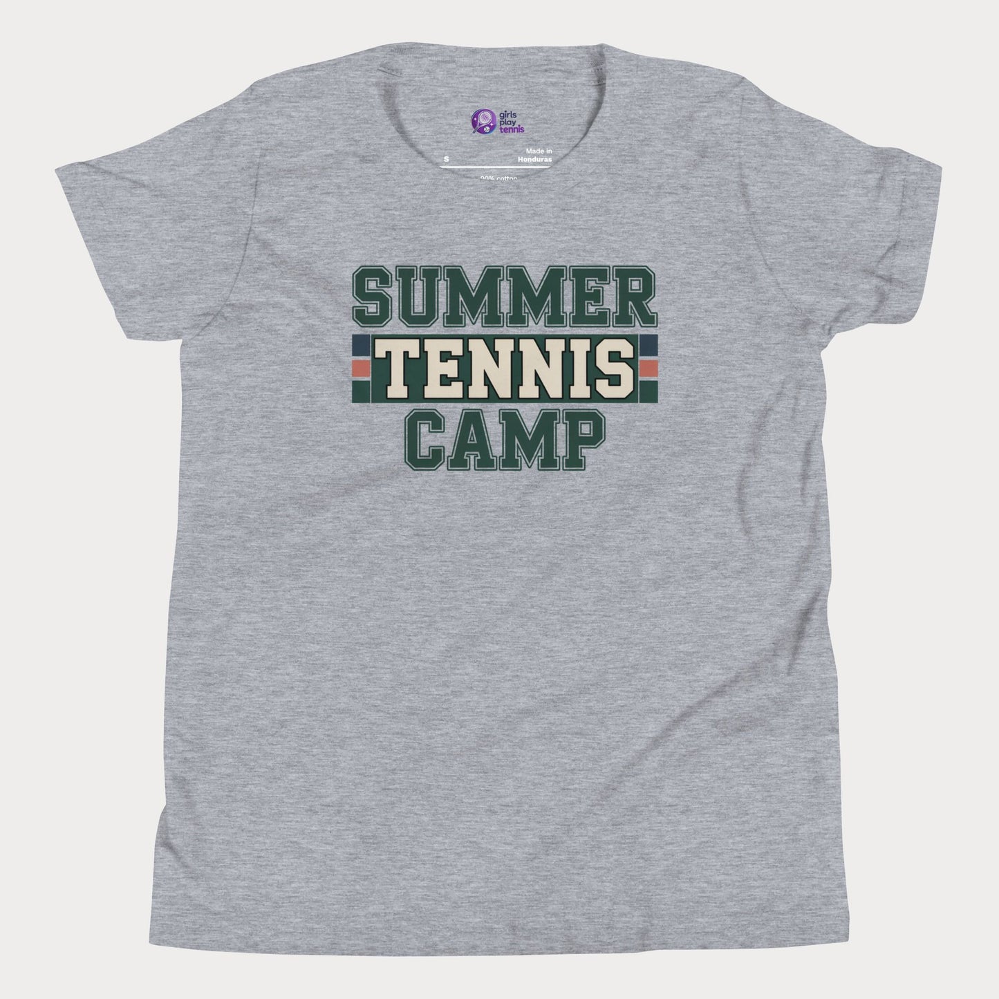 Grey Summer Tennis Camp varsity-inspired tennis t-shirt for kids and teens