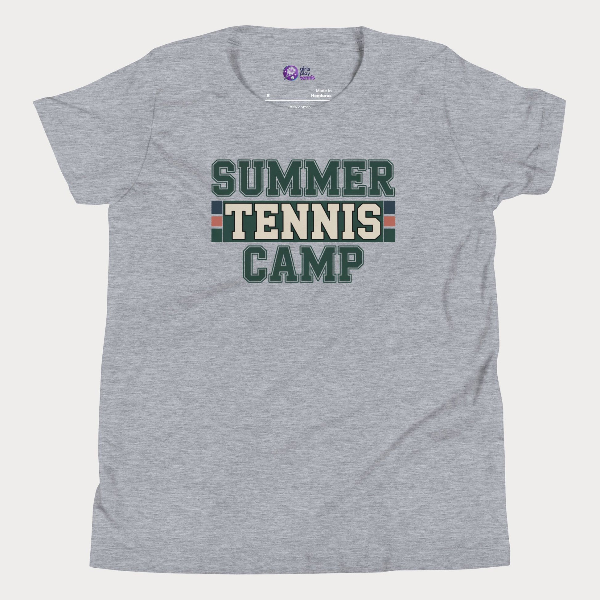 Grey Summer Tennis Camp varsity-inspired tennis t-shirt for kids and teens