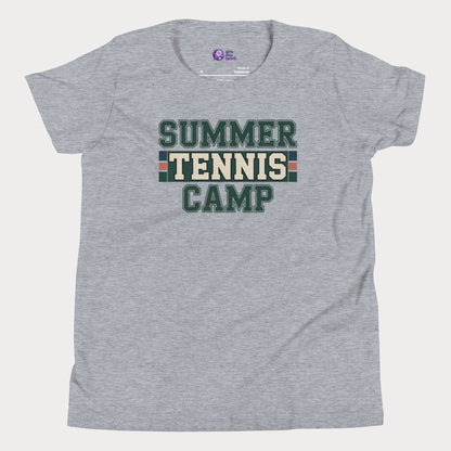 Grey Summer Tennis Camp varsity-inspired tennis t-shirt for kids and teens