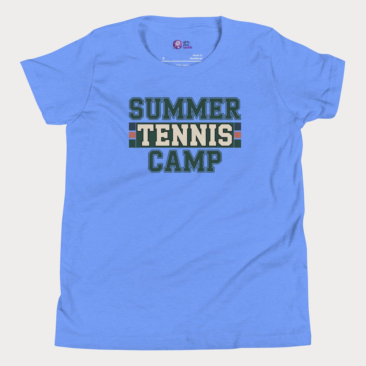 Blue Summer Tennis Camp varsity-inspired tennis t-shirt for kids and teens