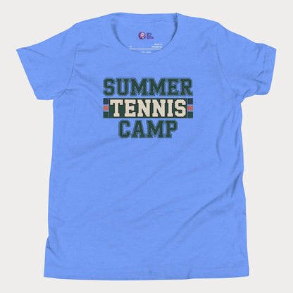 Blue Summer Tennis Camp varsity-inspired tennis t-shirt for kids and teens